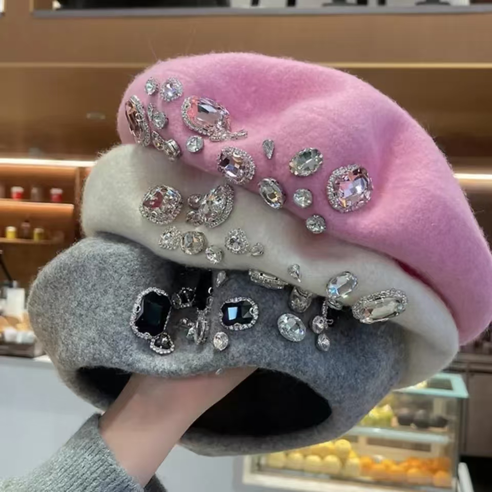 French Beret Thick Rhinestone  - Beret French Wool avaliação e preço