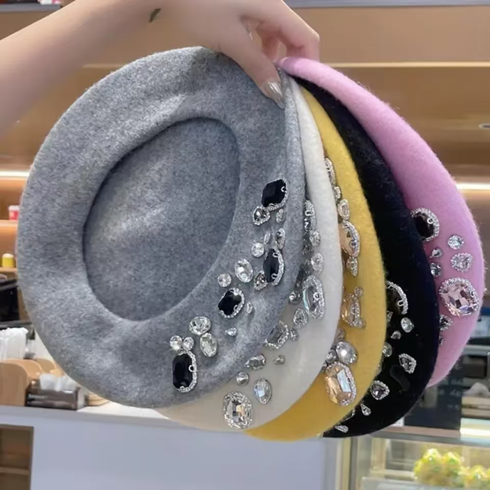 French Beret Thick Rhinestone  - Beret French Wool avaliação e preço